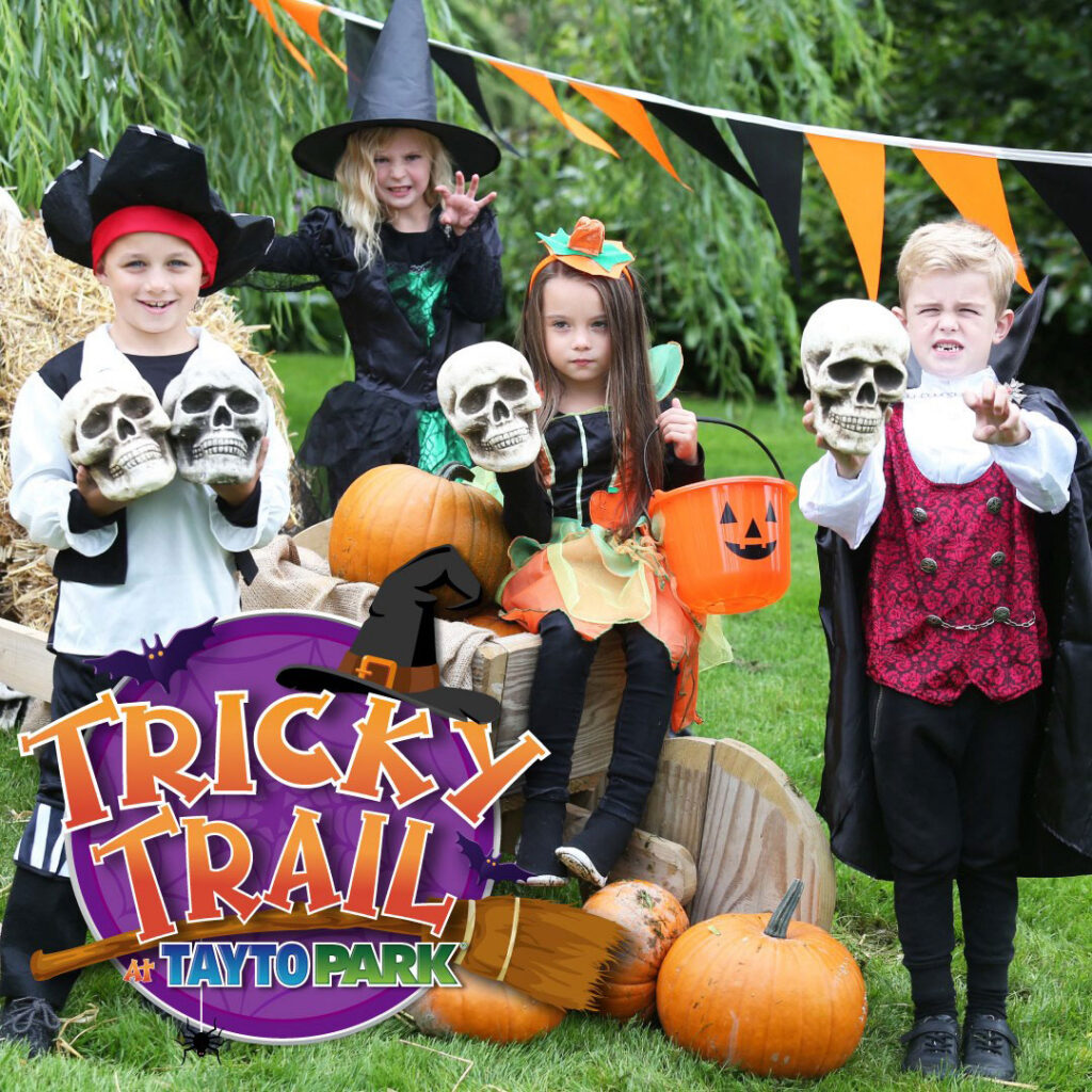 Kids showing off their halloween costumes of a pirate, witch, princess and vampire for a "Tricky Trail" event with tayto park